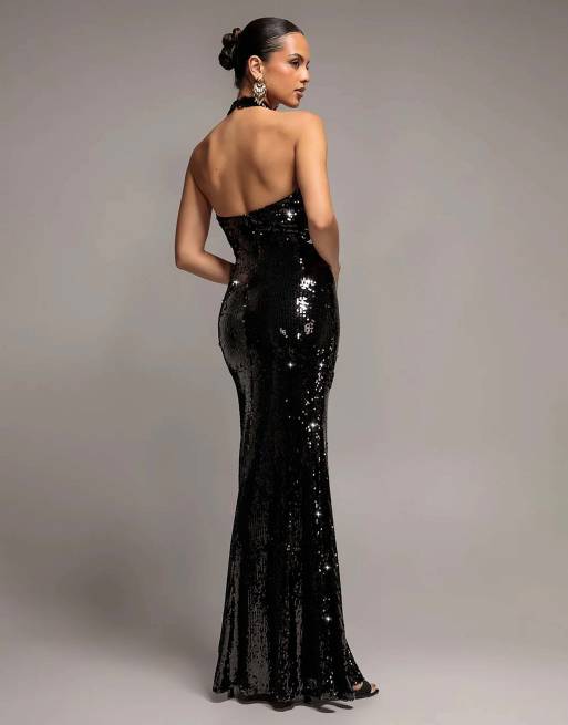 Goddiva Sequin open back halter neck maxi dress in black, 2 of 4