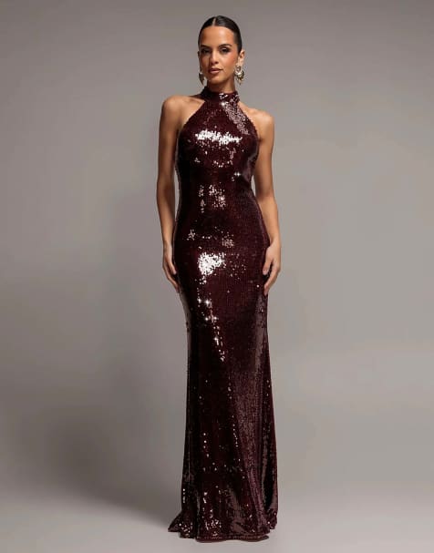 Goddiva Sequin open back halter neck maxi dress in burgundy - view 1