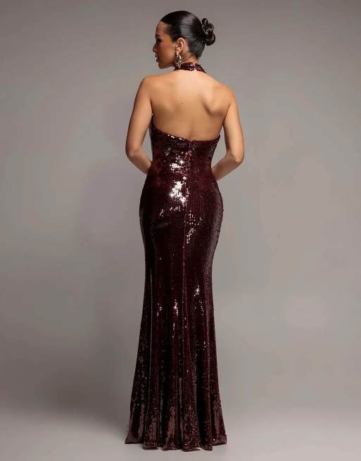 Goddiva Sequin open back halter neck maxi dress in burgundy, 2 of 4