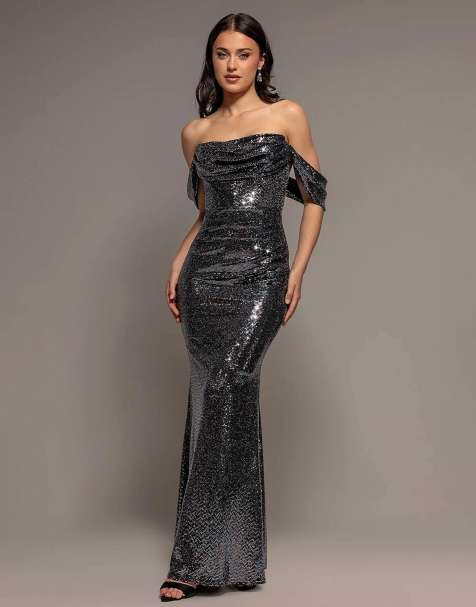 Goddiva Sequin sparkling off shoulder cowl bardot maxi dress in black multi - view 1