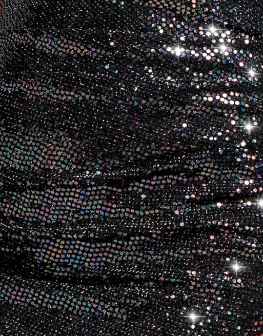 Goddiva Sequin sparkling off shoulder cowl bardot maxi dress in black multi, 3 of 3