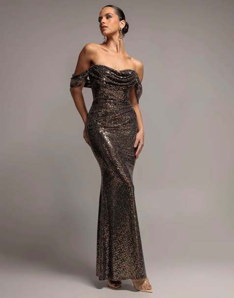Goddiva Sequin sparkling off shoulder cowl bardot maxi dress in gold multi - view 1