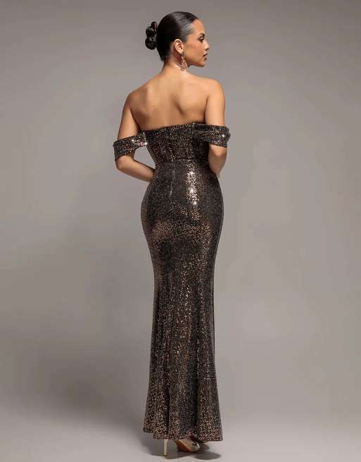 Goddiva Sequin sparkling off shoulder cowl bardot maxi dress in gold multi, 2 of 4
