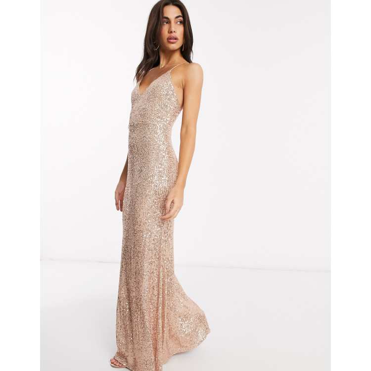 Goddiva sequin strappy maxi dress in rose gold