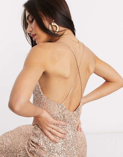 Goddiva sequin strappy maxi dress in rose gold | ASOS