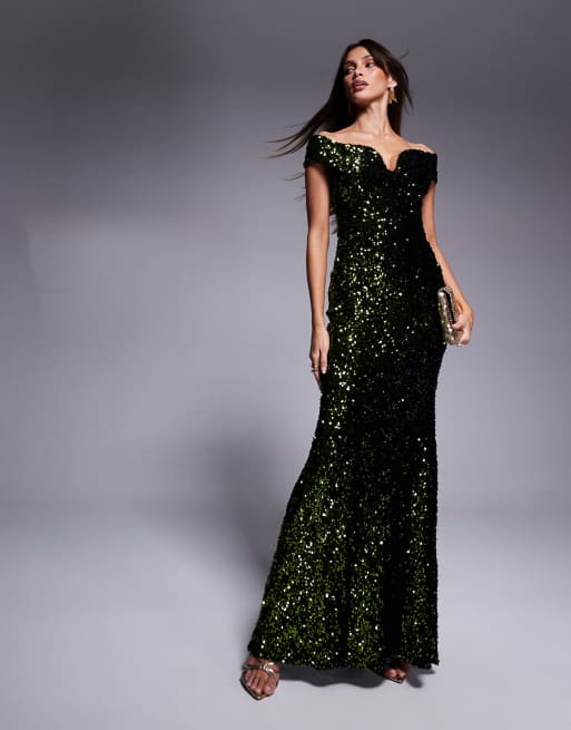 Goddiva Sequin velvet bardot evening maxi dress in olive
