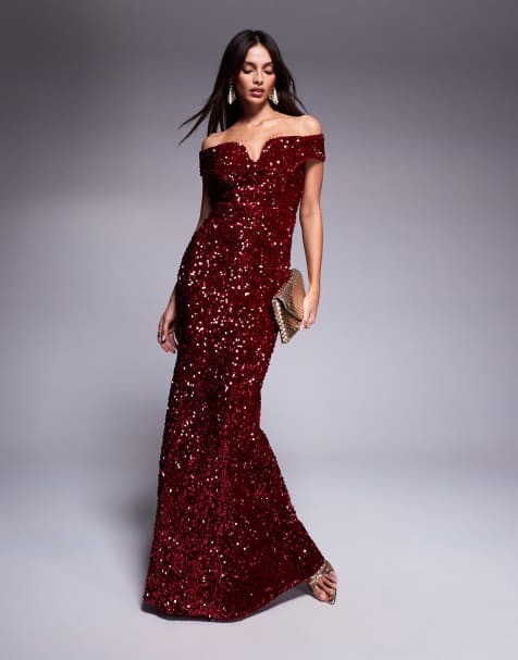 Goddiva Sequin velvet bardot evening maxi dress in red - view 1
