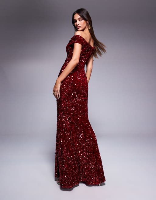 Goddiva Sequin velvet bardot evening maxi dress in red ASOS