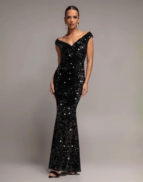 Goddiva Sequin & velvet off the shoulder wrap maxi dress in black