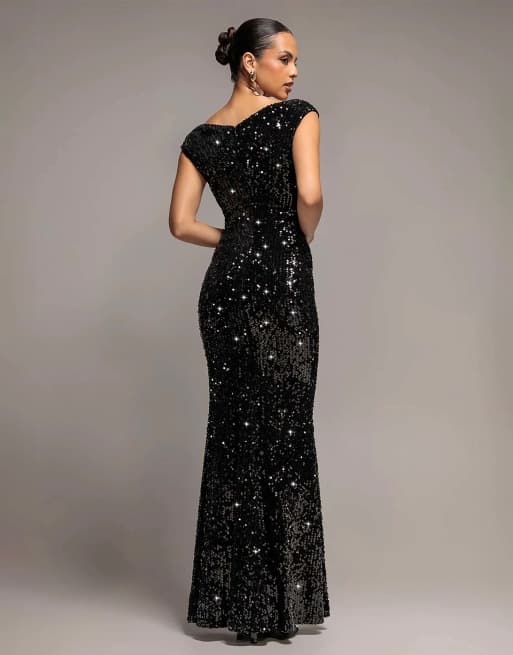 Goddiva Sequin & velvet off the shoulder wrap maxi dress in black, 2 of 4