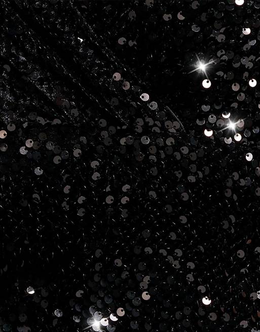 Goddiva Sequin & velvet off the shoulder wrap maxi dress in black, 4 of 4