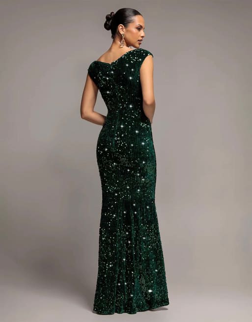 Goddiva Sequin & velvet off the shoulder wrap maxi dress in emeraldgreen, 2 of 4