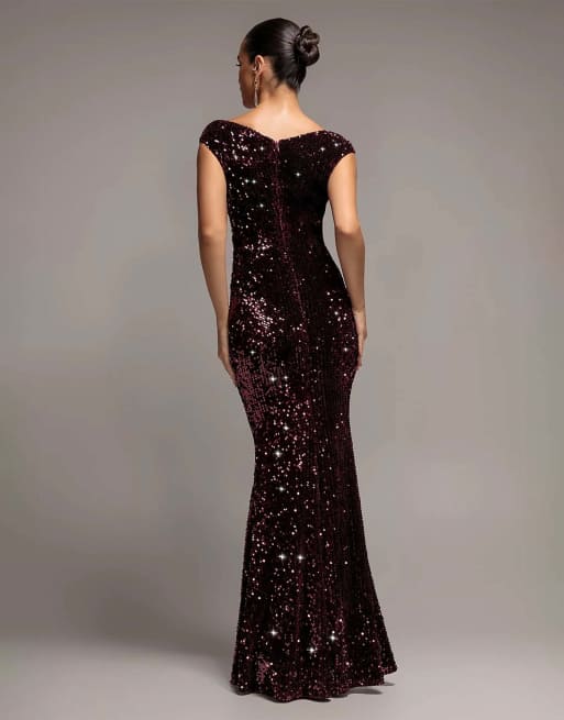 Goddiva Sequin & velvet off the shoulder wrap maxi dress in plum, 2 of 4