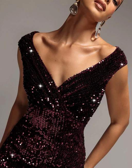 Goddiva Sequin & velvet off the shoulder wrap maxi dress in plum, 3 of 4