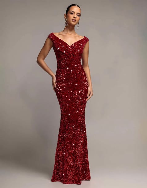 Goddiva Sequin & velvet off the shoulder wrap maxi dress in red