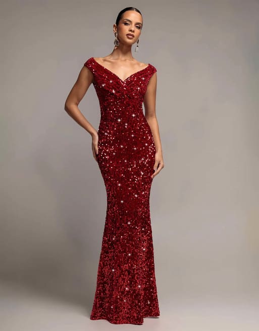 Goddiva Sequin & velvet off the shoulder wrap maxi dress in red | ASOS