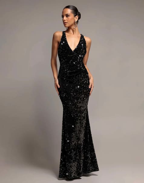 Goddiva Sequin & velvet v neck cross back maxi dress in black - view 1