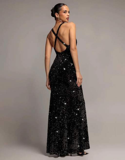 Goddiva Sequin & velvet v neck cross back maxi dress in black, 2 of 4
