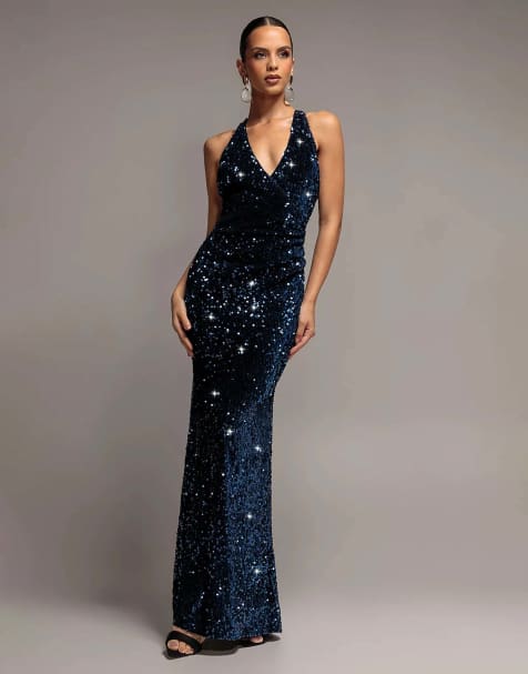 Goddiva Sequin & velvet v neck cross back maxi dress in navy - view 1