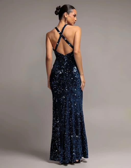 Goddiva Sequin & velvet v neck cross back maxi dress in navy, 2 of 4