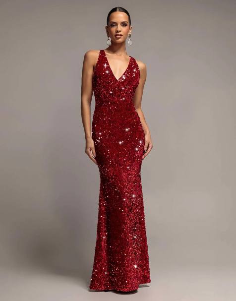 Goddiva Sequin & velvet v neck cross back maxi dress in red - view 1