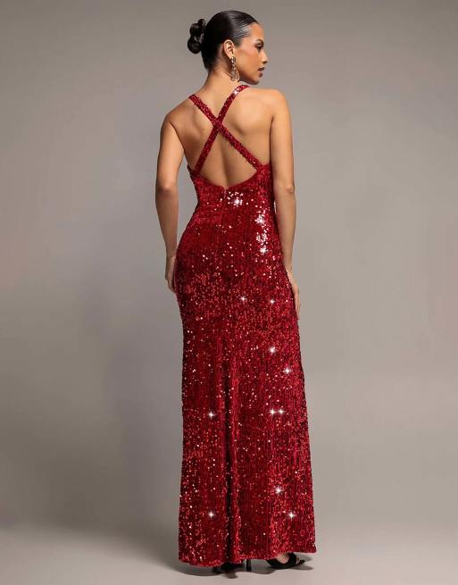 Goddiva Sequin & velvet v neck cross back maxi dress in red, 2 of 4