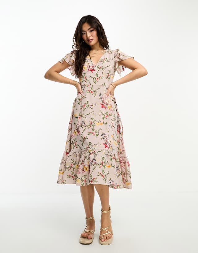 Goddiva short sleeve tea dress in beige floral