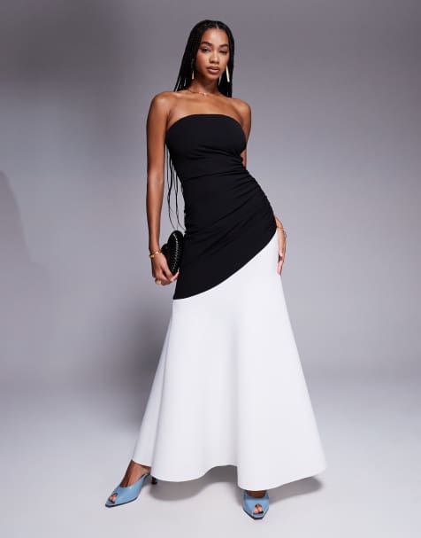 Goddiva Sleeveless mermaid hem monochrome contrast maxi dress in blackcream - view 1