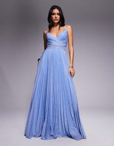 Goddiva Sleeveless pleated a line sparkling maxi dress in blue