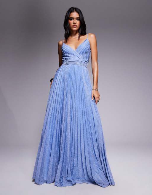 Goddiva Sleeveless pleated a line sparkling maxi dress in blue