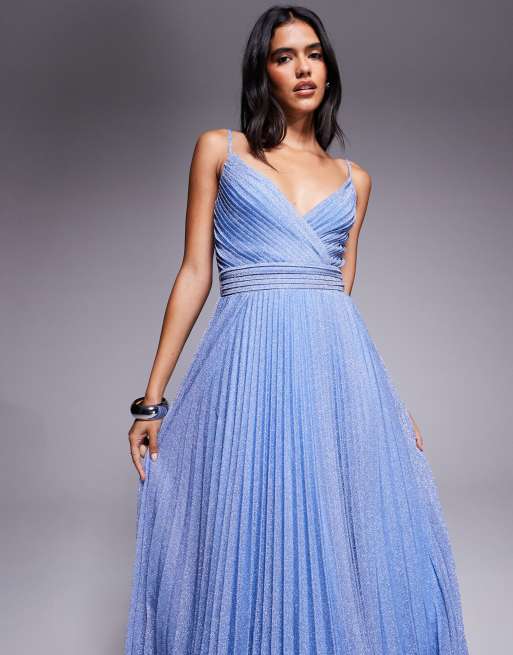 Goddiva Sleeveless pleated a line sparkling maxi dress in blue, 4 of 4
