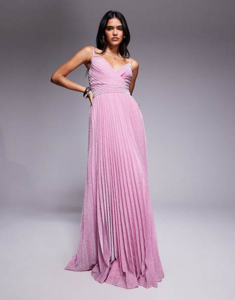 Goddiva Sleeveless pleated a line sparkling maxi dress in pink - view 1
