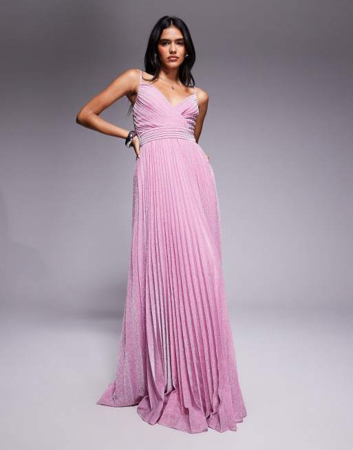 Goddiva Sleeveless pleated a line sparkling maxi dress in pink