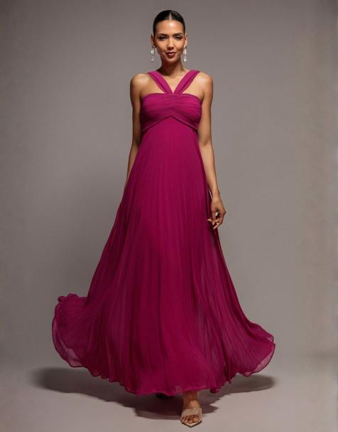 Goddiva Sleeveless pleated chiffon multiway scarf maxi dress in magenta - view 1