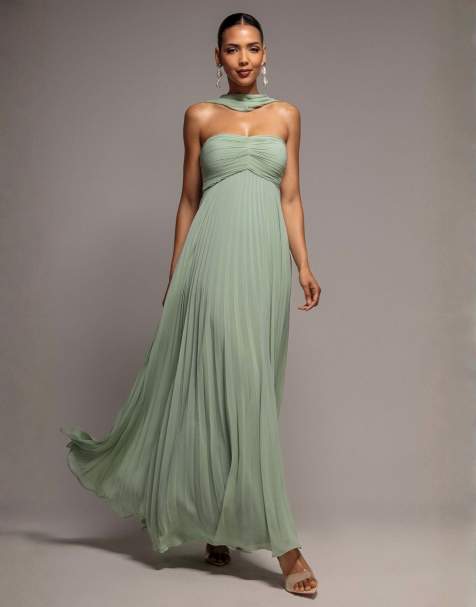 Goddiva Sleeveless pleated chiffon multiway scarf maxi dress in sagegreen