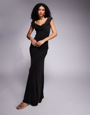 Goddiva Sparkle Cowl Neck Off The Shoulder Maxi Dress In Black