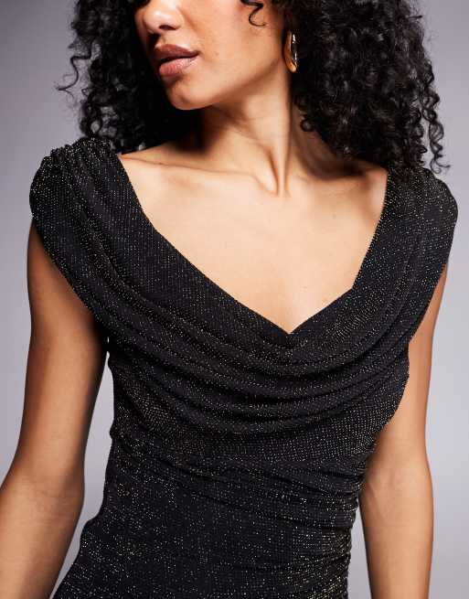 Goddiva Sparkle cowl neck off the shoulder maxi dress in blackgold, 3 of 4