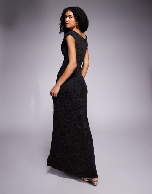 Goddiva Sparkle cowl neck off the shoulder maxi dress in blackgold, 4 of 4