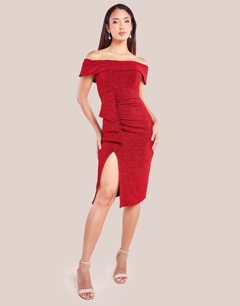 Goddiva Sparkling bardot midi with waterfall ruffle in red