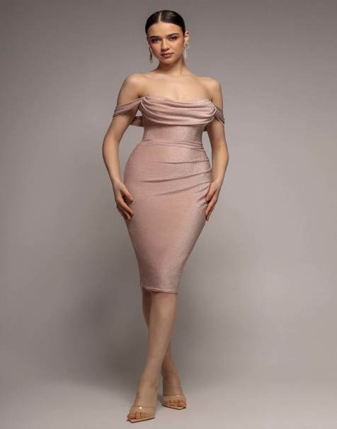 Goddiva Sparkling cowl neck off the shoulder midi dress in blush - view 1