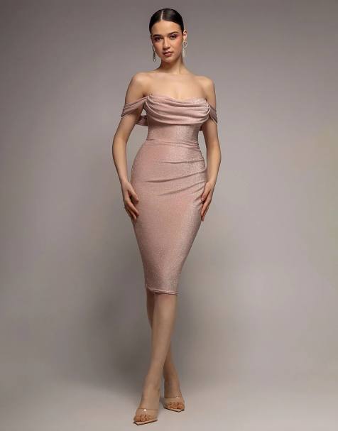 Goddiva Sparkling cowl neck off the shoulder midi dress in blush