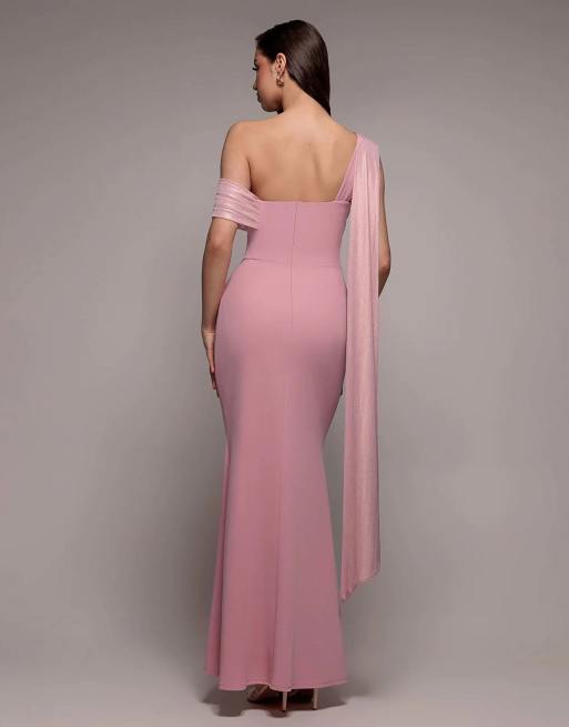 Goddiva Sparkling pleated bardot one shoulder cape maxi dress in pink, 2 of 4