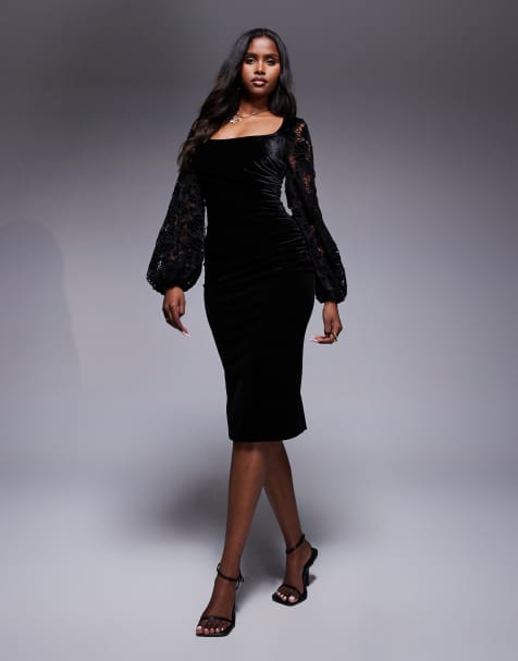 Goddiva Square neck scalloped crochet sleeve velvet midi dress in black - view 1