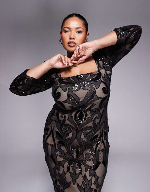 Goddiva Square neck scalloped lace midi dress in black