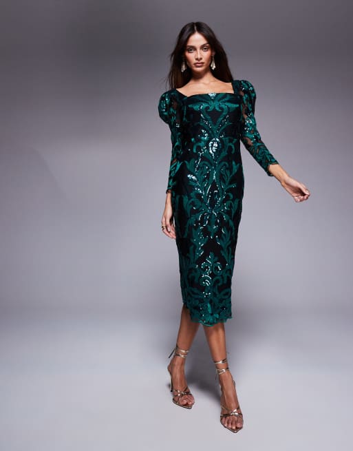 Goddiva Square neck scalloped lace midi dress in emerald