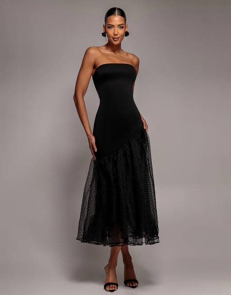 Goddiva Strapless asymmetric tiered midaxi dress in black - view 1