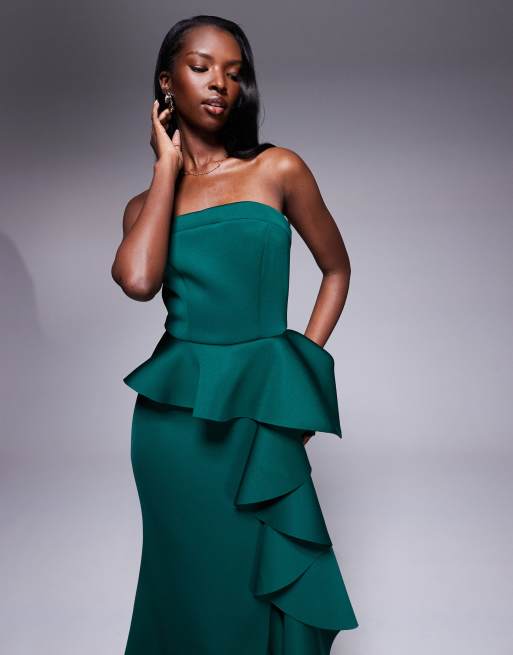 Goddiva - Strapless maxi watervaljurk met ruches en peplum in smaragdgroen, 2 van 4