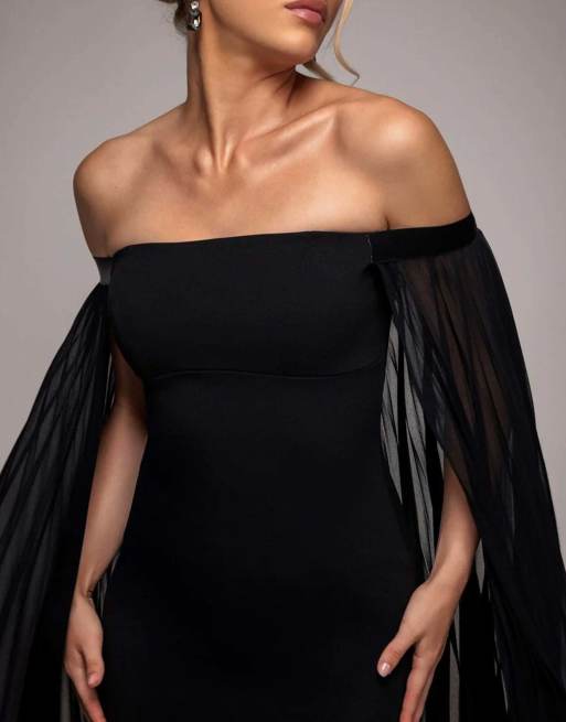 Goddiva Strapless mini dress with pleated chiffon cape in black, 3 of 4