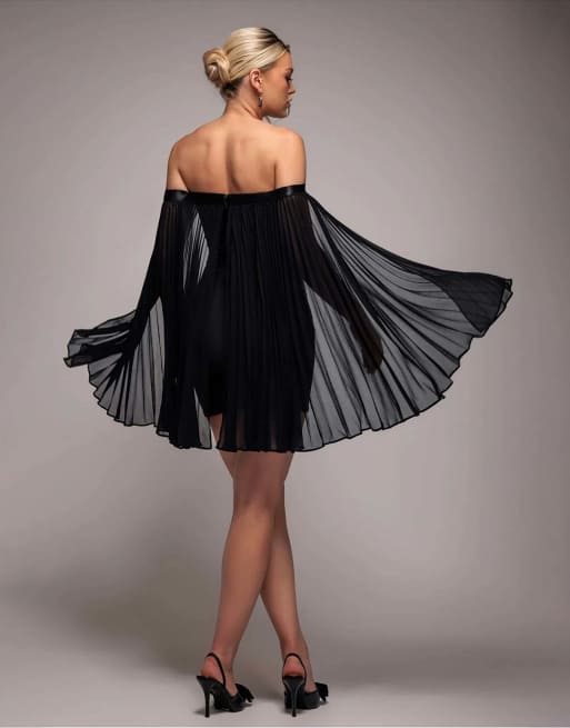 Goddiva Strapless mini dress with pleated chiffon cape in black, 4 of 4