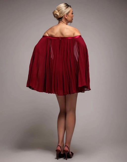 Goddiva Strapless mini dress with pleated chiffon cape in burgundyred, 3 of 4